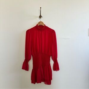 Red smocked dress with monochromatic polka dot pattern texture- L